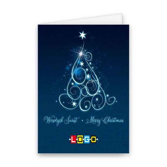 Choinka ze spiralnych białych linii z gwiazdkami na granatowym tle, na dole napisy „Wesołych Świąt” i „Merry Christmas”