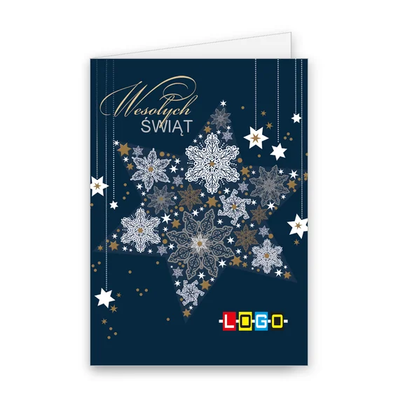 Duża gwiazda ułożona ze śnieżynek na granatowym tle, białe i beżowe gwiazdki oraz kaligraficzny napis u góry