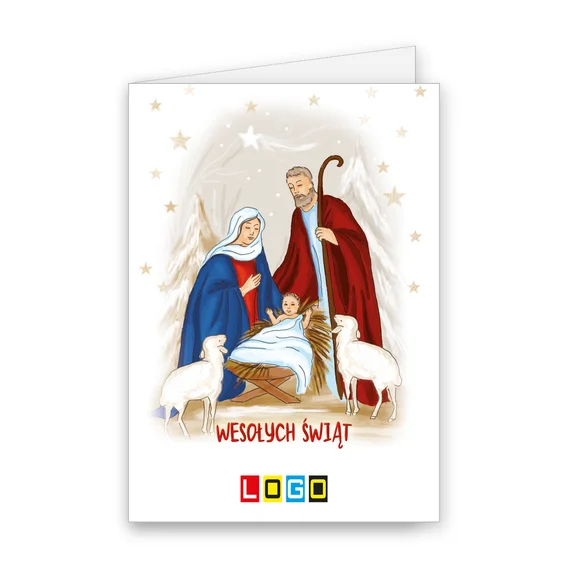 Maryja w niebieskiej szacie, Józef w czerwieni i Dzieciątko w żłobie wśród owieczek i choinek