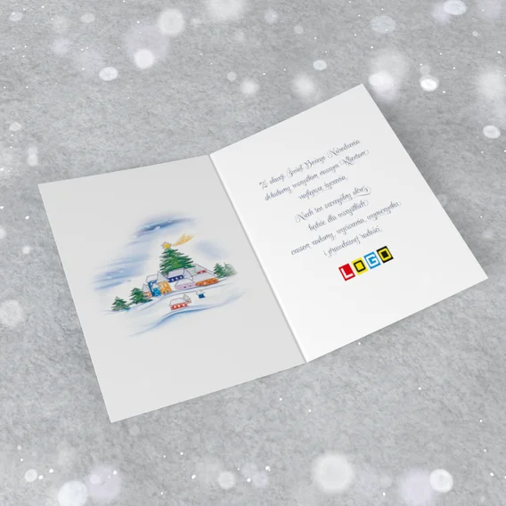 Wnętrze rozłożonego karnetu z wolnym polem na życzenia i logo firmy