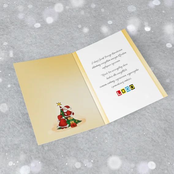 Wnętrze rozłożonego karnetu z wolnym polem na życzenia i logo firmy