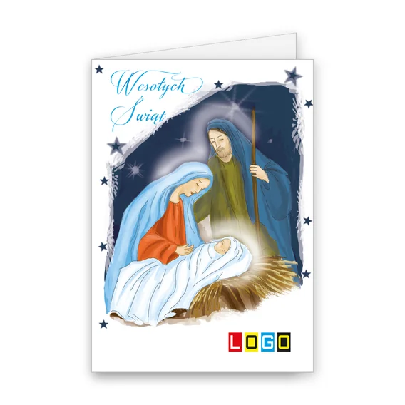 Maryja, Józef i Dzieciątko Jezus w jasnej aurze światła na granatowym nocnym niebie z drobnymi gwiazdami