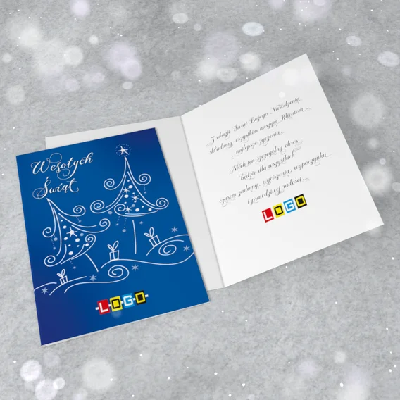 Karnet „Dwa abstrakcyjne drzewka i prezenty” z przodu i od środka, wzór BN1-199