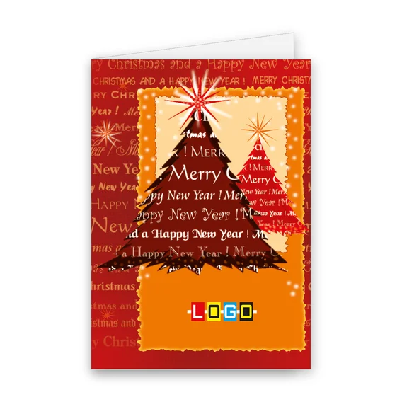 Ciemna choinka z napisami Merry Christmas oraz Happy New Year, czerwono-biała gwiazda, tło z czerwonych napisów