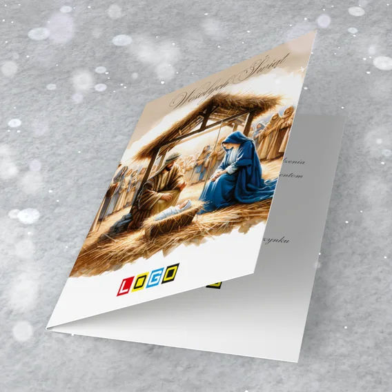 Scena narodzenia: żłóbek z Dzieciątkiem, Maryja i Józef w szatach w odcieniach błękitu i brązu