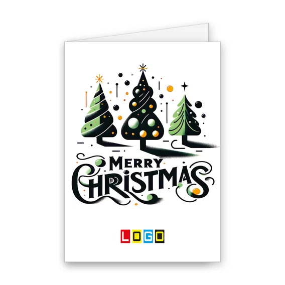 Trzy choinki w zieleni z pomarańczowymi akcentami na białym tle, pod nimi duży napis „Merry Christmas” z zawijasami