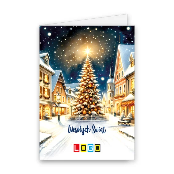 Choinka z kolorowymi bombkami między ośnieżonymi kamieniczkami z żółtymi oknami i lampionami w granatowej nocy