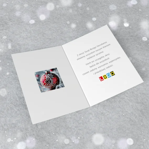 Wnętrze rozłożonego karnetu z wolnym polem na życzenia i logo firmy