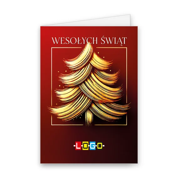 Choinka z żółtych falistych linii w cienkiej ramce na czerwonym tle, nad nią biały napis „WESOŁYCH ŚWIĄT”