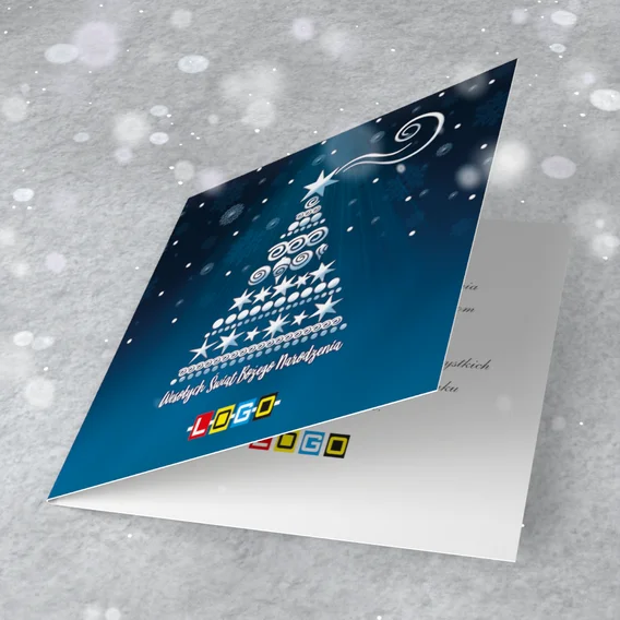 Choinka z rzędów białych gwiazdek, kółek i zawijasów z gwiazdą z ogonem na szczycie, na granatowym tle w gradiencie