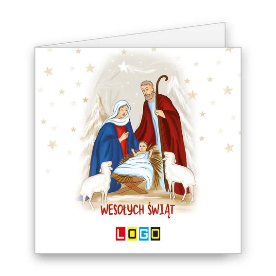 Scena narodzenia z owieczkami na jasnym tle, drobne gwiazdki i czerwony napis „WESOŁYCH ŚWIĄT” u dołu
