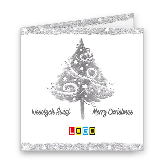 Szara choinka ze spiralnymi wzorami, po bokach napisy „Wesołych Świąt” i „Merry Christmas” na białym tle
