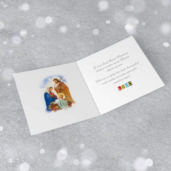 Wnętrze rozłożonego karnetu z polem na życzenia i logo firmy