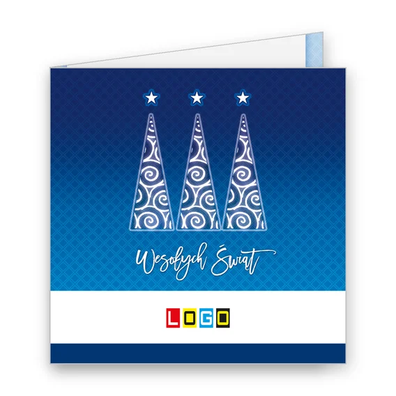 Trzy choinki z białymi wzorami na granatowym tle, nad nimi gwiazdki, pod nimi biały napis
