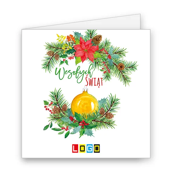 Gałązki jodły, czerwona poinsecja i żółta bombka w dwóch różnych układach, pośrodku napis w barwach motywu
