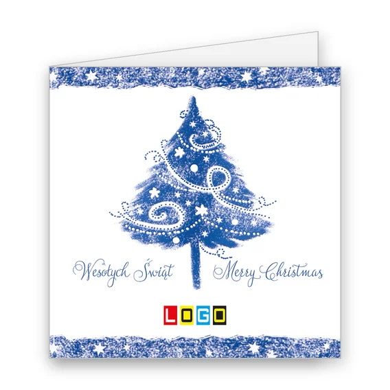 Ornamentowa choinka na jasnym tle między pasami śnieżnych wzorów, z napisami „Wesołych Świąt” i „Merry Christmas”