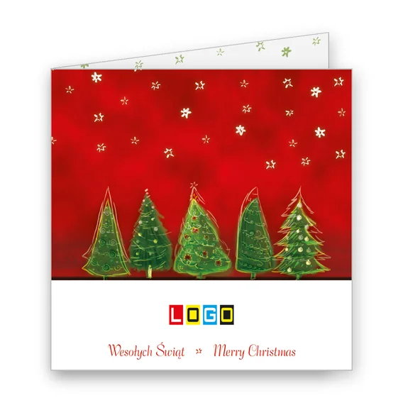 Rząd zielonych choinek na czerwonym tle z białymi gwiazdkami, niżej na białej belce logo i napis „Merry Christmas”