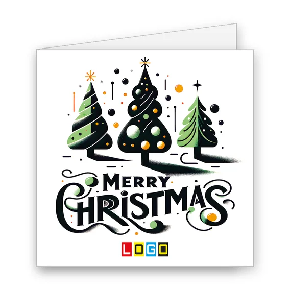 Choinki zdobione kolorowymi kropkami i liniami na białym tle, obok żółte gwiazdki i czarny napis Merry Christmas