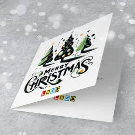 Choinki zdobione kolorowymi kropkami i liniami na białym tle, obok żółte gwiazdki i czarny napis Merry Christmas