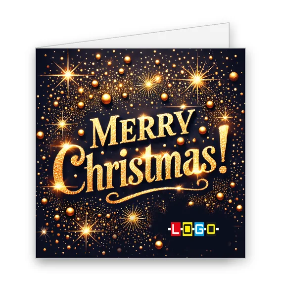 Granatowe nocne niebo z licznymi żółtymi gwiazdami i punktami światła, pośrodku ozdobny napis Merry Christmas