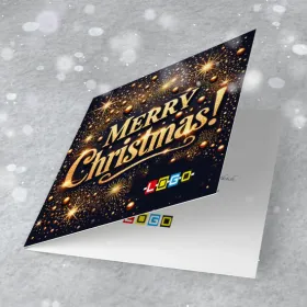 Granatowe nocne niebo z licznymi żółtymi gwiazdami i punktami światła, pośrodku ozdobny napis Merry Christmas