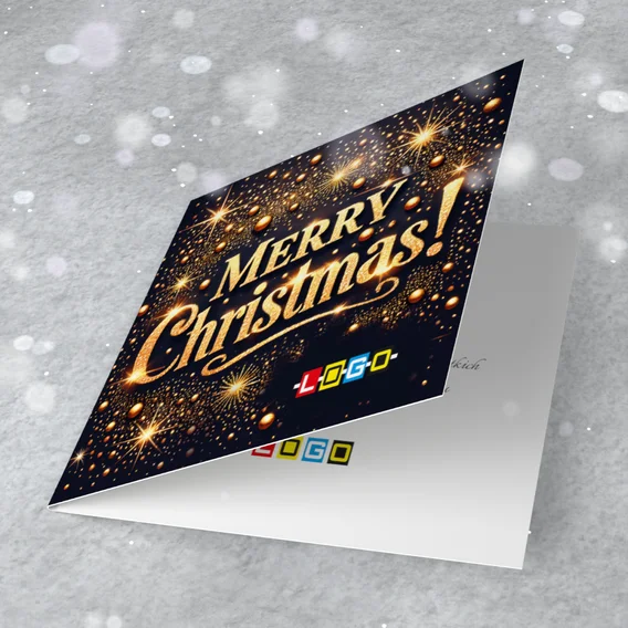 Granatowe nocne niebo z licznymi żółtymi gwiazdami i punktami światła, pośrodku ozdobny napis Merry Christmas
