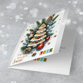 Piernikowa choinka z białym lukrem, czerwonymi bombkami, szyszkami i żółtymi gwiazdami na jasnym tle