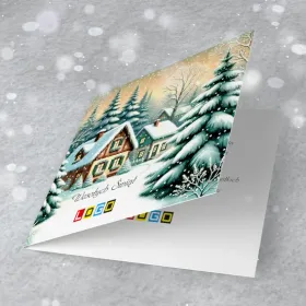 Domek otulony śniegiem wśród drzew o białych koronach w pastelowych odcieniach bieli, zieleni i błękitu