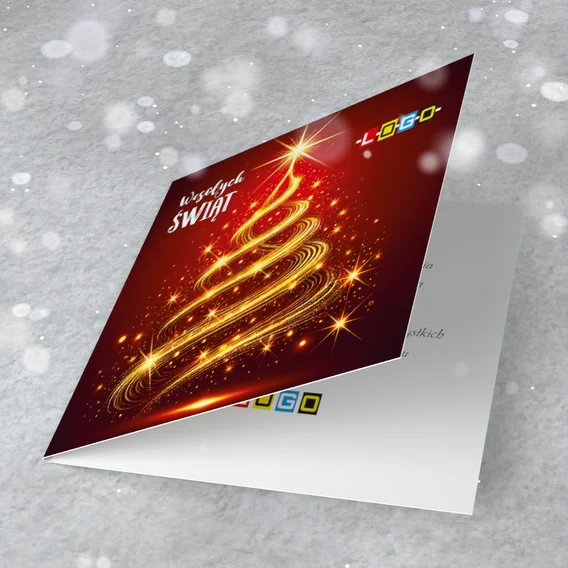 Choinka ze spiralnych jasnych linii pośrodku na czerwono-pomarańczowym tle z gwiazdkami i punktami światła
