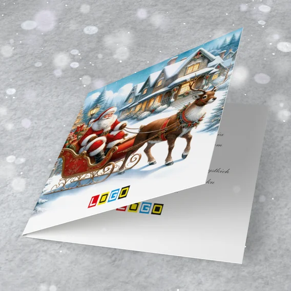 Mikołaj w saniach ciągniętych przez renifera mija ośnieżony dom z oświetlonymi oknami i latarniami