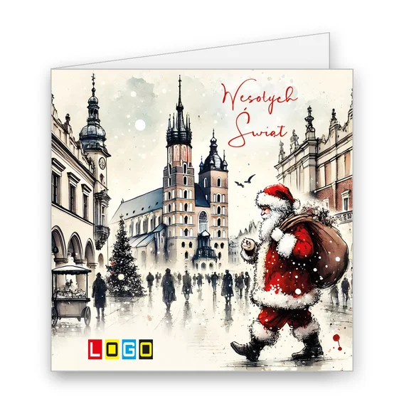 Mikołaj z workiem idzie przez Rynek w Krakowie, w tle wieże Mariackiego, choinka i przechodnie, u góry czerwony napis