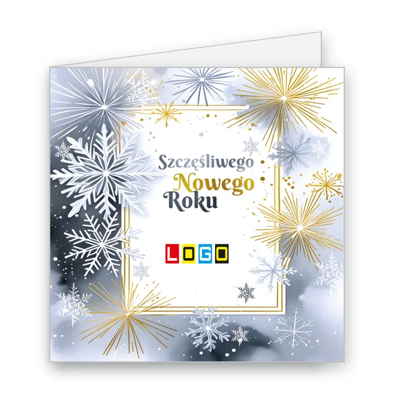 Szare cieniowane tło z rozsypanymi śnieżynkami i napisem „Szczęśliwego Nowego Roku” otoczonym cienkimi liniami
