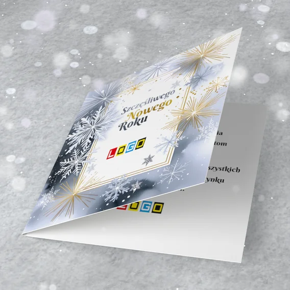 Szare cieniowane tło z rozsypanymi śnieżynkami i napisem „Szczęśliwego Nowego Roku” otoczonym cienkimi liniami