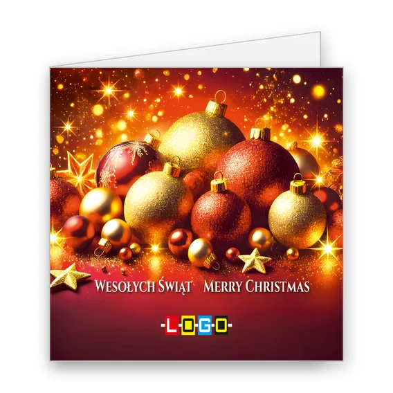 Rząd bombek w czerwieni i żółci z gwiazdkami na ciemnym tle, u dołu białe napisy „WESOŁYCH ŚWIĄT” i „MERRY CHRISTMAS”