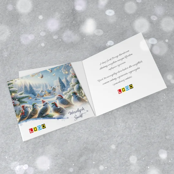 Karnet „Czerwone czapeczki wśród śniegu” z przodu i od środka, wzór BN2-652