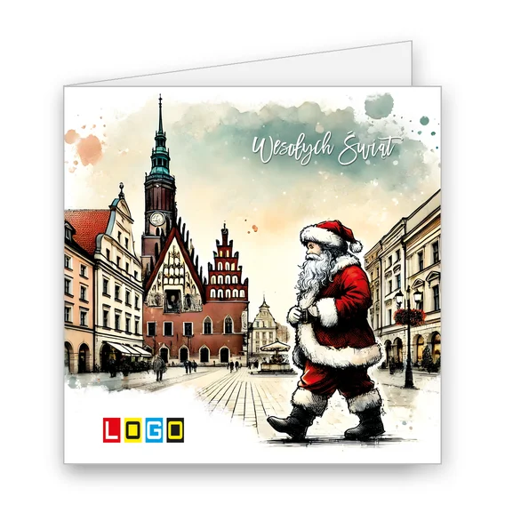 Mikołaj w czerwieni idzie przez szeroki rynek z ratuszem i kamienicami, akwarelowe plamy i pastelowe barwy