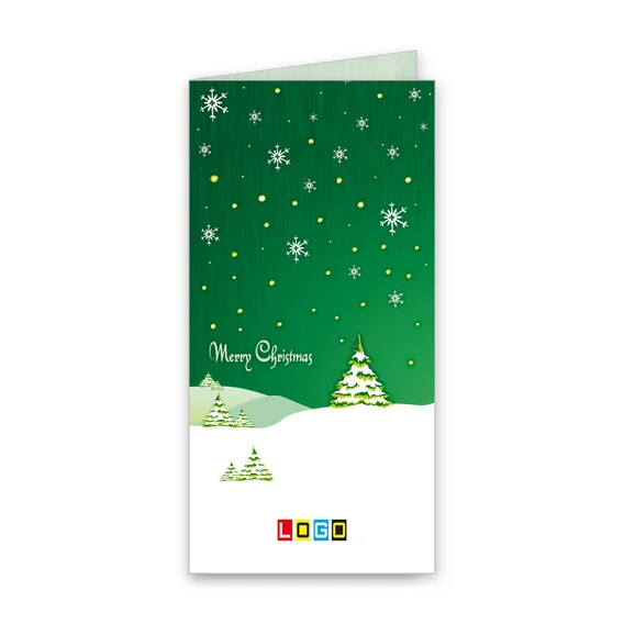 Zielone niebo ze śnieżynkami nad białymi pagórkami z choinkami, na granicy zieleni i śniegu biały napis