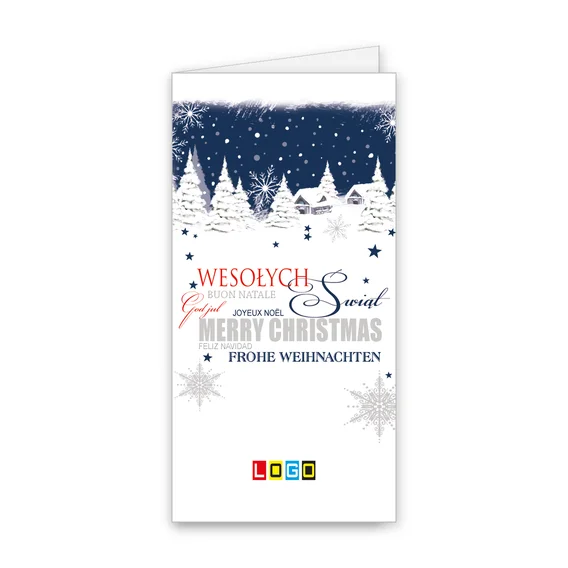 Granatowe niebo ze śniegiem, białe świerki i domki, niżej wielojęzyczny napis życzeń w różnych krojach