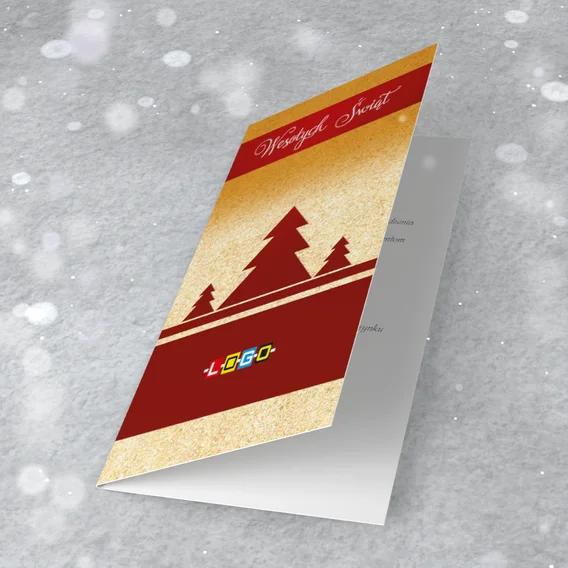 Trzy bordowe choinki na złotym gradiencie między dwoma czerwonymi pasami z białym napisem życzeń