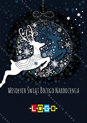 Biała sylwetka renifera w pędzie, w okrągłej ramie z kokardą, na granatowym tle ze śnieżynkami i gwiazdkami