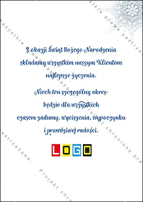 Duża biała śnieżynka o koronkowym rysunku z perełkami na granatowym tle z gwiazdkami, obok dwujęzyczny napis
