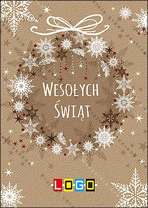 Okrągły wieniec ze śnieżynek i cienkich gałązek na białej kokardzie, w środku napis życzeń, tło piaskowe