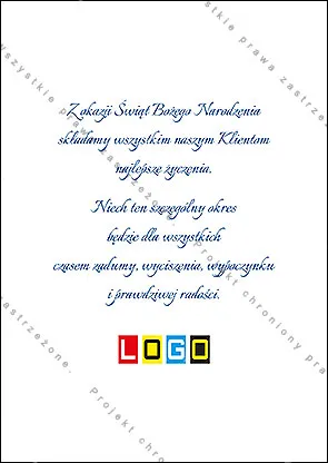 Konturowa choinka z napisem życzeń na niebieskim, prążkowanym tle, pod nią czerwona kokarda na białej strefie śniegu
