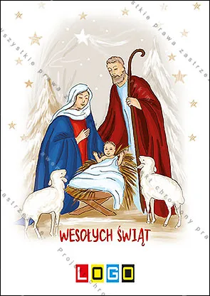 Maryja w błękitnej szacie i Józef w czerwonej pochyleni nad żłóbkiem, obok białe owieczki, nad nimi gwiazda