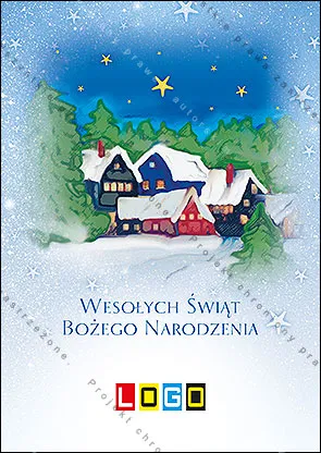 Domki z kolorowymi dachami wśród ośnieżonych choinek w jasnoniebieskiej poświacie, nad nimi granatowe niebo ze złotymi gwiazdkami