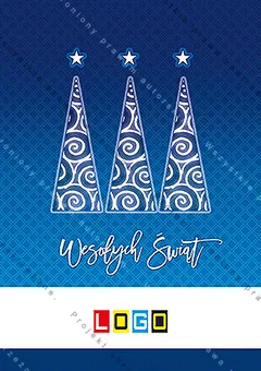 Trzy białe drzewka ze spiralnym wzorem i gwiazdkami nad wierzchołkami na granatowo-niebieskim tle w romby