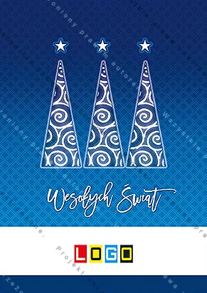 Trzy białe drzewka ze spiralnym wzorem i gwiazdkami nad wierzchołkami na granatowo-niebieskim tle w romby