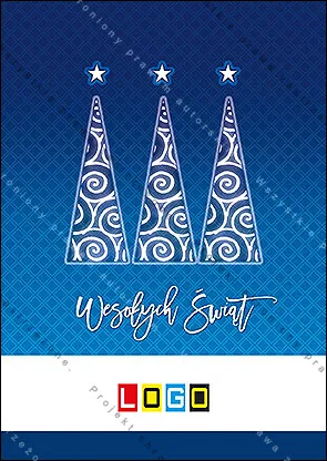 Trzy białe drzewka ze spiralnym wzorem i gwiazdkami nad wierzchołkami na granatowo-niebieskim tle w romby