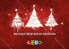 Trzy białe choinki z gwiazdkami i cienką linią świateł na intensywnie czerwonym tle o fakturze płótna