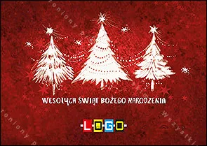 Trzy białe choinki z gwiazdkami i cienką linią świateł na intensywnie czerwonym tle o fakturze płótna